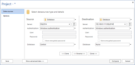 Datasources type and details selection in ApexSQL Data Diff