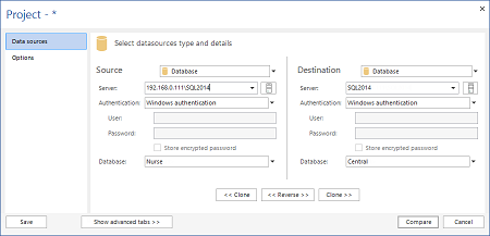 Selecting the SQL Server database Source and Destination