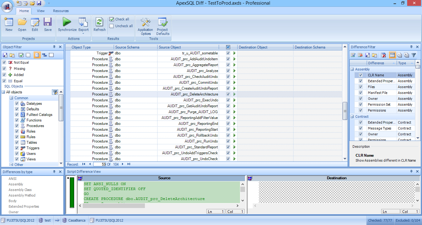 ApexSQL Diff Main grid