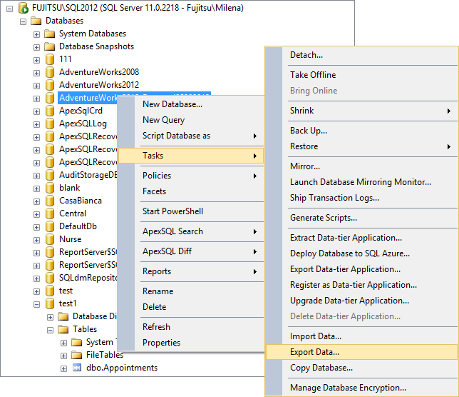 Selecting Export Data in Object Explorer