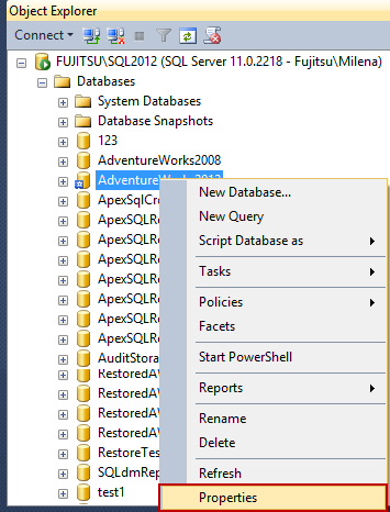 Selecting database properties in Object Explorer