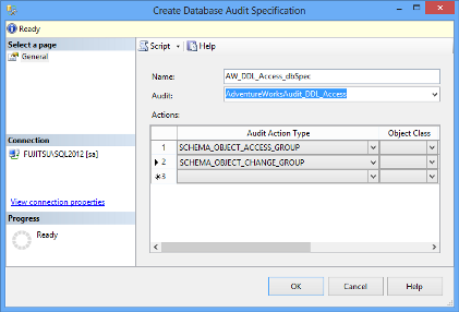 Create Database Audit Specification dialog in SSMS