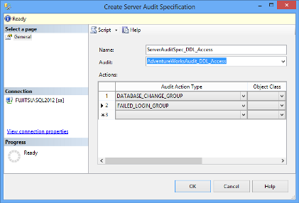 SQL Server audit object - Create Server Audit Specification dialog