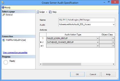 Specifying name, audit, and action in the Create Server Audit Specification dialog
