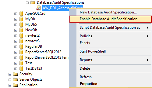Choosing the Enable Database Audit Specification option in SSMS