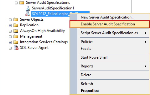 Selecting the Enable Database Audit Specification option