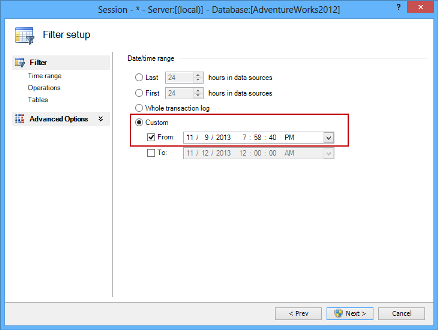 ApexSQL Log filtering the log transactions based on the time