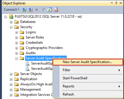 Selecting Select New Server Audit Specification option in SSMS