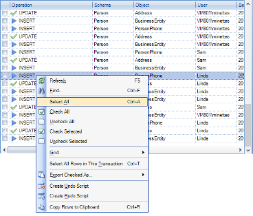 Choosing the Select all option in ApexSQL Log