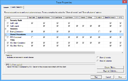 The Events Selection tab of the Trace Properties dialog