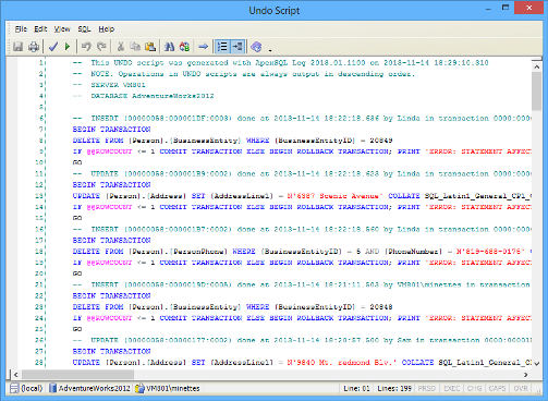 Undo script created in a SQL Server script editor