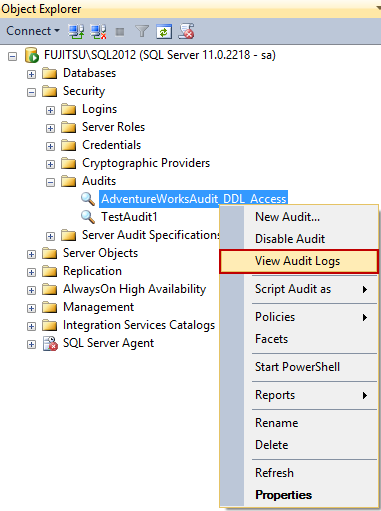 Selecting the View Audit Logs option in SSMS