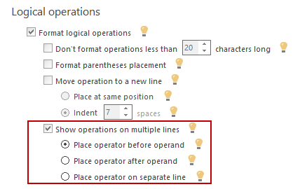 ApexSQL Refactor's SQL formatting options for formatting logical, comparison and arithmetic operations