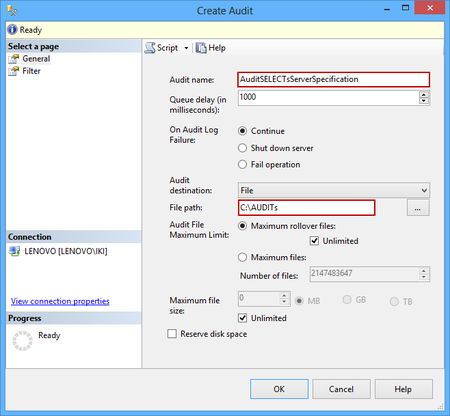 SQL Server Audit feature - Creating New Audit - choosing an Audit name and the path