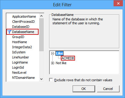 Entering “ACMEDB” as the value for the Like filter in DatabaseName filter property