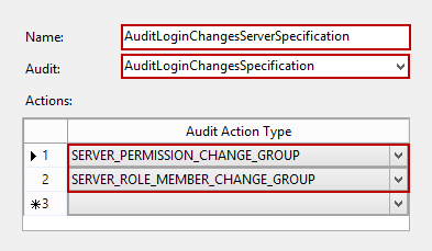 Specifying new server audit specification name and audit action type
