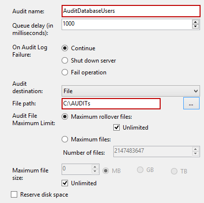 Specifying path and name for a new SQL Server Audit