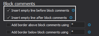 Insert empty line before block comments option and the Insert empty line after block comments option