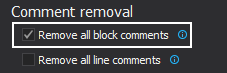 Dialog showing the Remove all block comments option and the Remove all single line comments option
