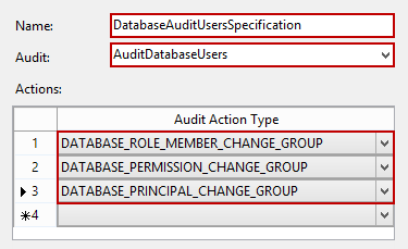 Setting the name of the new database audit specification and Audit Action Type rows
