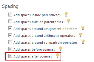 Choosing the Add spaces after commas option