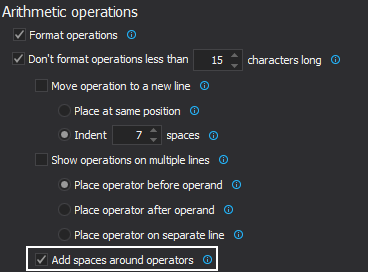 Dialog showing the Add spaces around arithmetic operators option