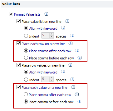 Options to format commas located under the value lists tab