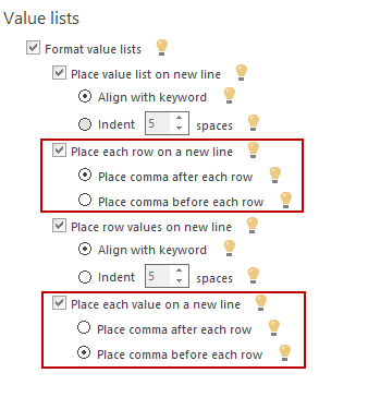 Options to format commas located under the value lists tab