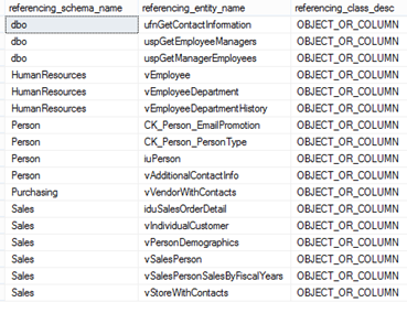 Table containing the results gained by querying the sys.dm_sql_referencing_entities view