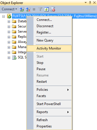 Selecting the Activity Monitor in SSMS