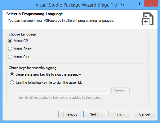 Building VSPackage - Selecting a Programming Language