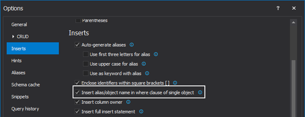 The Insert alias/object name in Where clause of single object option 