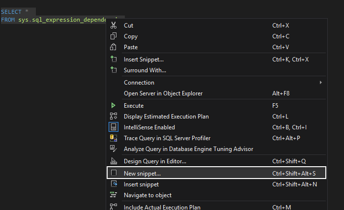 The New snippet command from the context menu