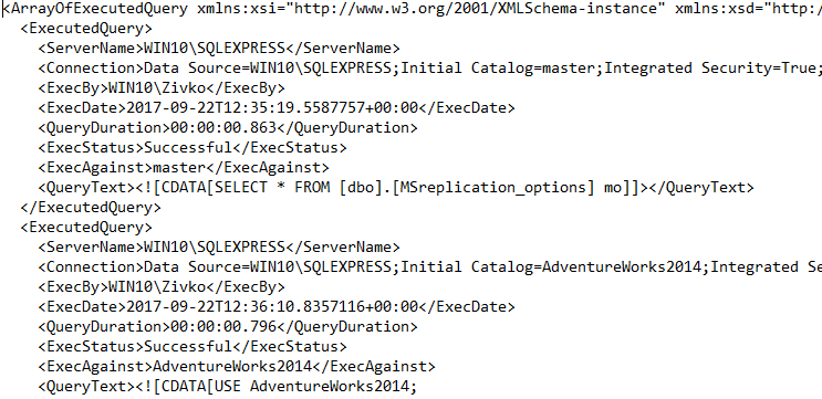 The ExecutedQueries.xml file - viewing the file in the Internet Explorer