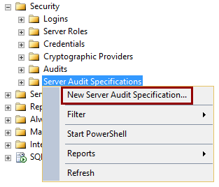 Selecting the New Server Audit Specification option