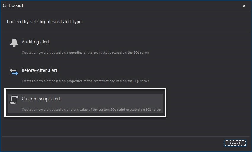 Selecting the Custom script alert option