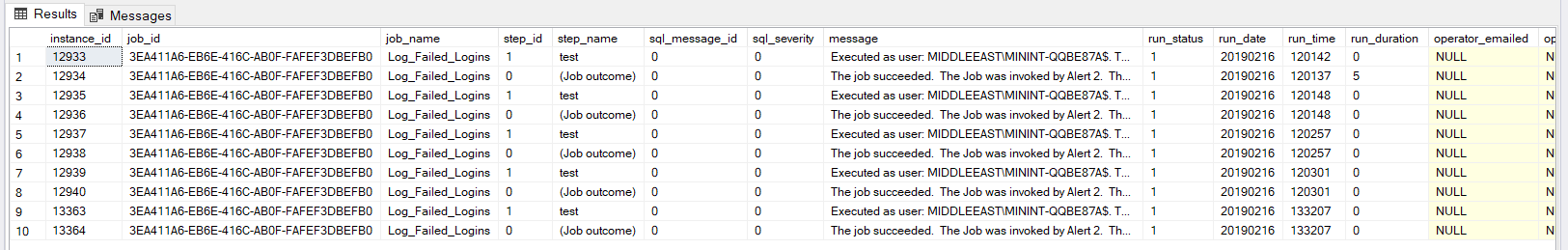 Detailed historical information of the SQL Server Agent job, returned from the sp_help_jobhistory_full system stored procedure
