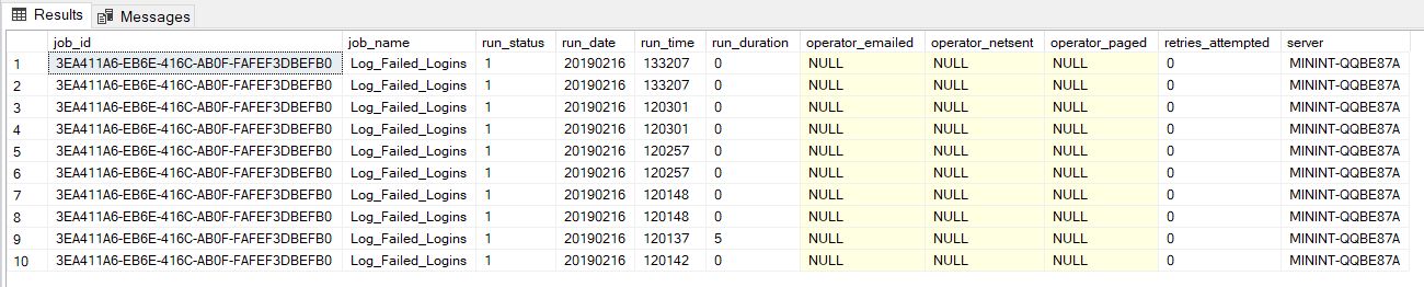 SQL Server Agent job history returned from that system stored procedure