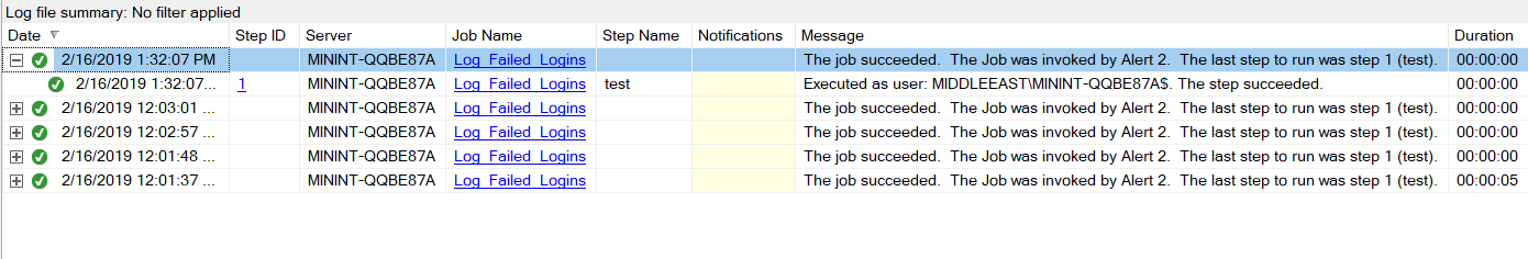 SQL Serve job history details with execution information for each step