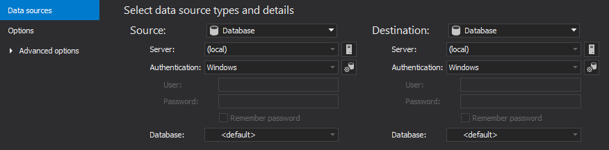 The Data sources tab used for setting up source and destination data sources