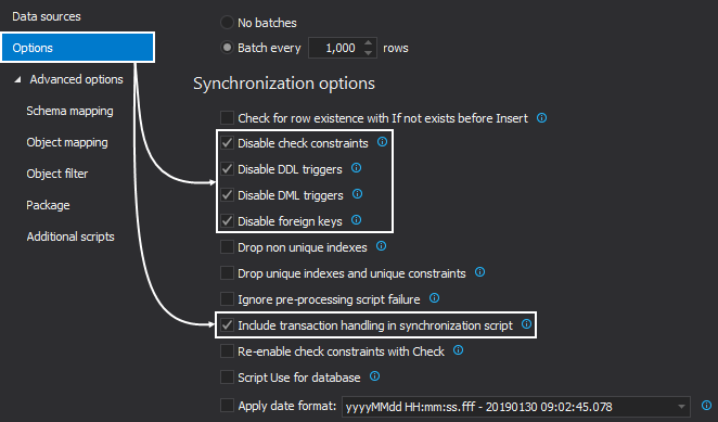 The Options tab contains comparison and synchronization options to ensure error-free execution