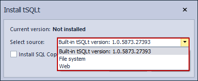 Selecting the tSQLt framework installation types in the ApexSQL Unit Test installation window