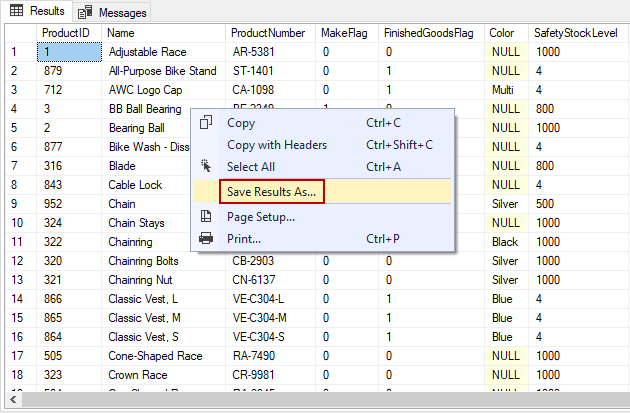 SSMS save results with headers using Save Results As option from the results grid