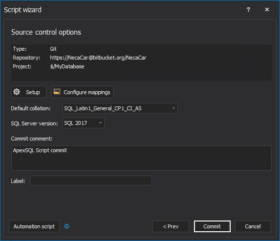 Source control options information in the Script wizard 
