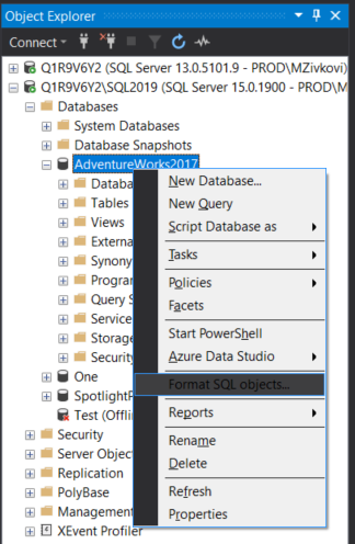 The Format SQL objects command from Object Explorer pane