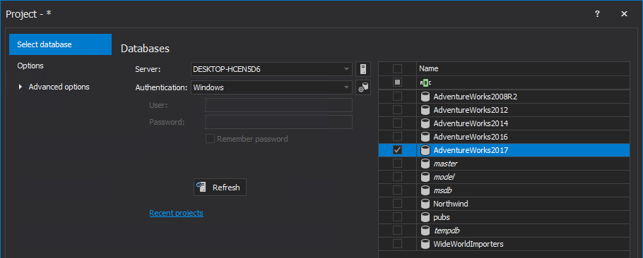 Choose a database under the Select database tab of the New project window