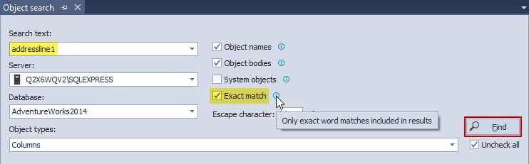 Highlighted search term and option to find exact matches in the Object search panel
