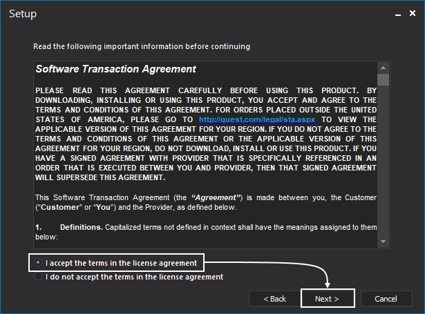Software Transaction Agreement step in the SQL search add-in installer