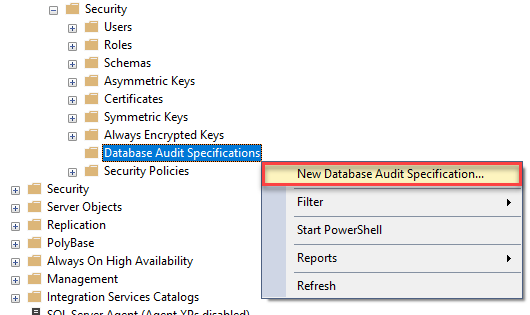 Create new database audit specification