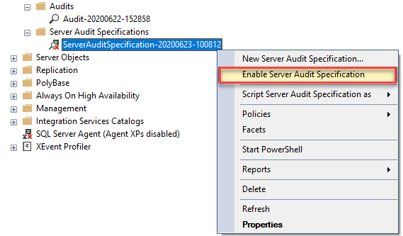 Enable server audit specification